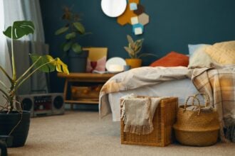 Cozy Bedroom with Mixed Textures and Warm Lighting