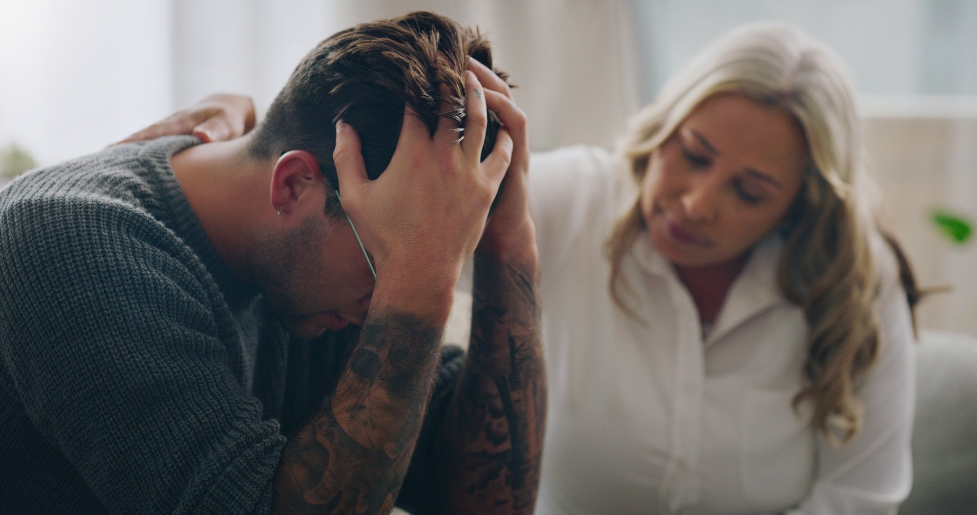 Sad, stress and depression people in therapy for mental health support, empathy and professional he