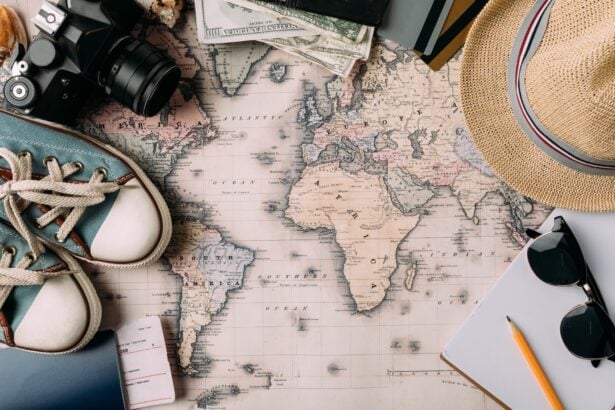 Top view of stuff for travel on a map. holidays concept