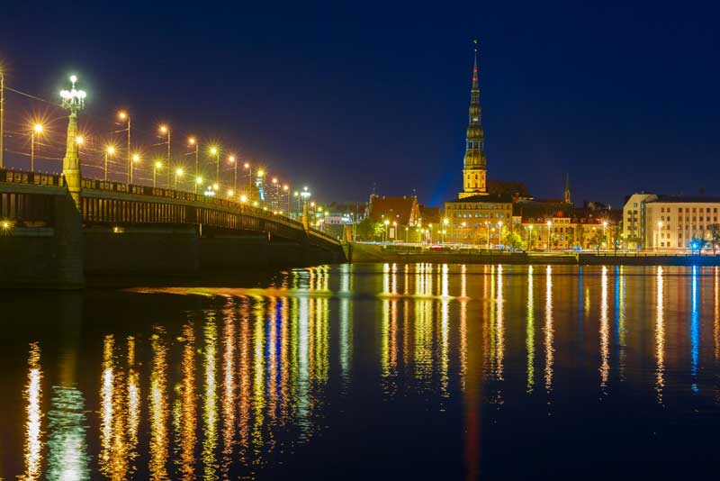 Old Town and River Daugava at night Riga Latvia